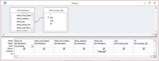 Query with criterian '76049' in the [Mem_Zip] field.